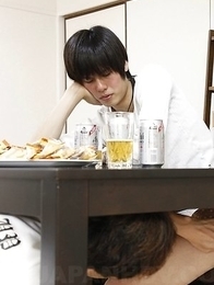 Hot Hitomi Okubo has pussy rubbed under table
