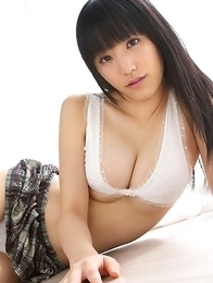 Yuri Hamada in long socks and heels shows big jugs in bra